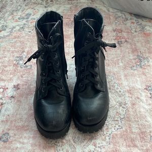 Black bamboo short heeled combat ankle boots. Women’s size 10 US